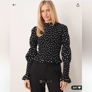 YAS Black Polka Dot Smocked Long-Sleeve Top ASOS